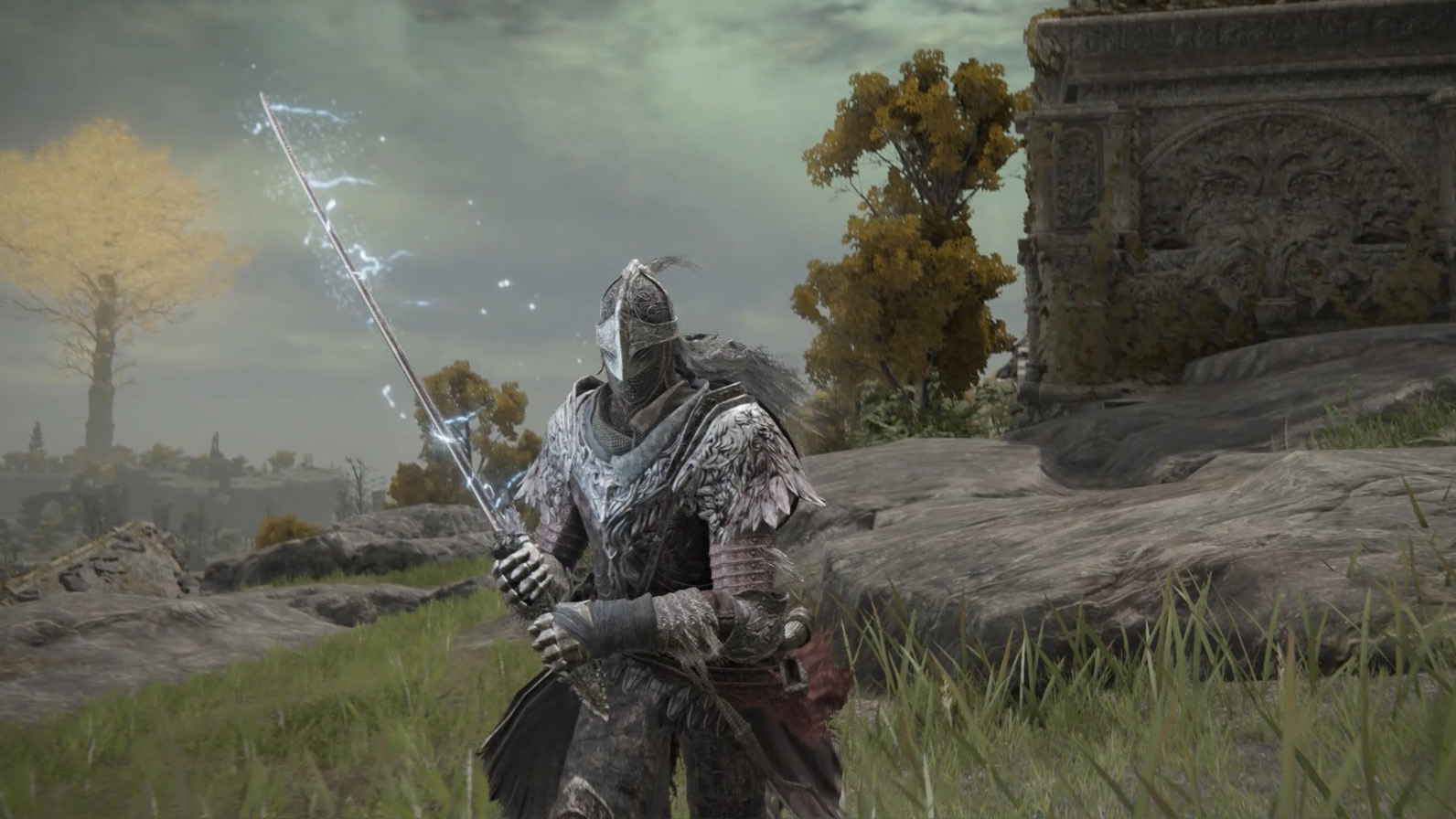 Elden Ring Network Test - A knight holds a lightning sword in a grassy area.