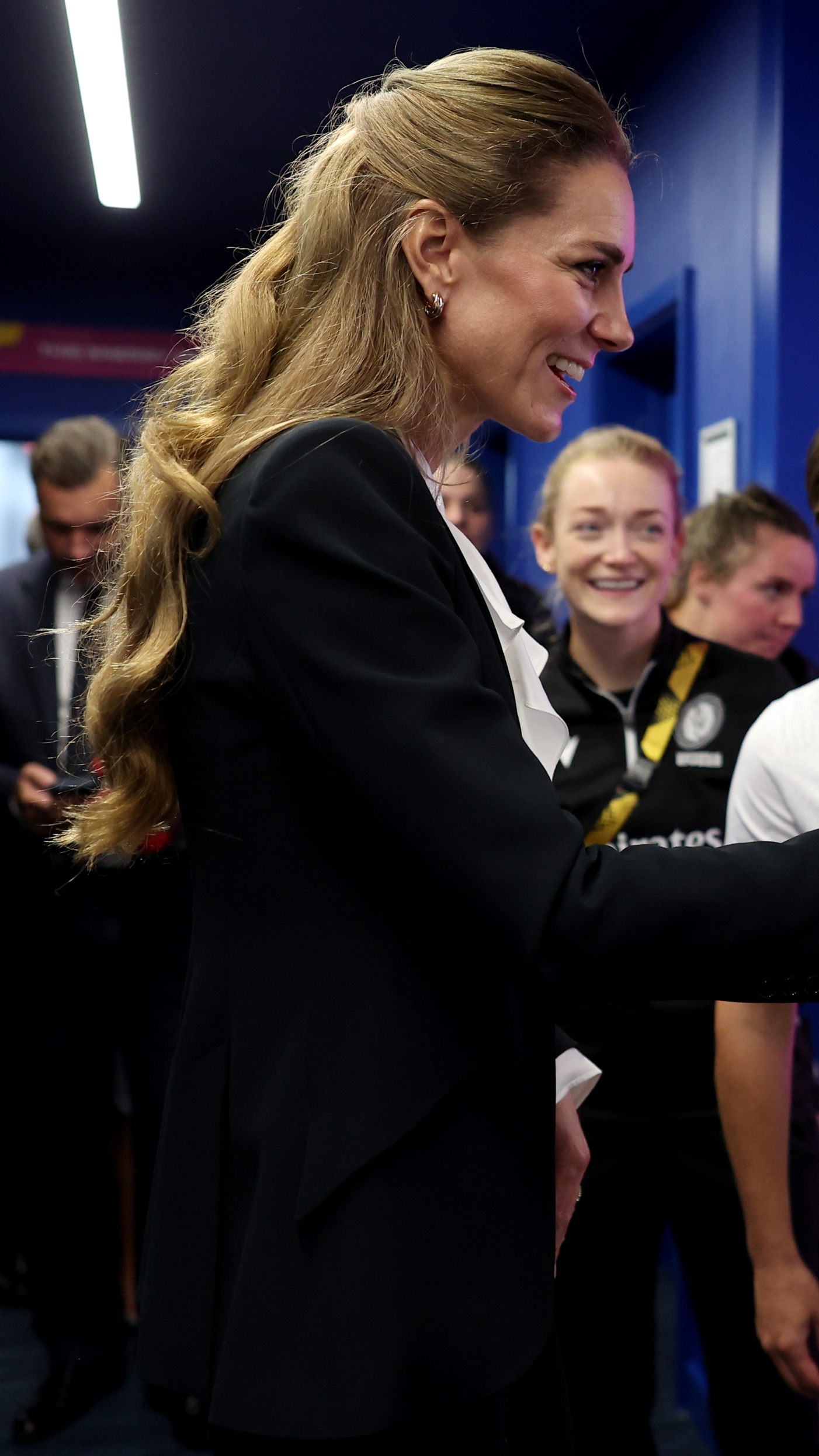 Catherine, Princess of Wales, shakes hands with Referee Amelia Luciano following the Women&#039;s Rugby World Cup 2025 Pool A match between England and Australia