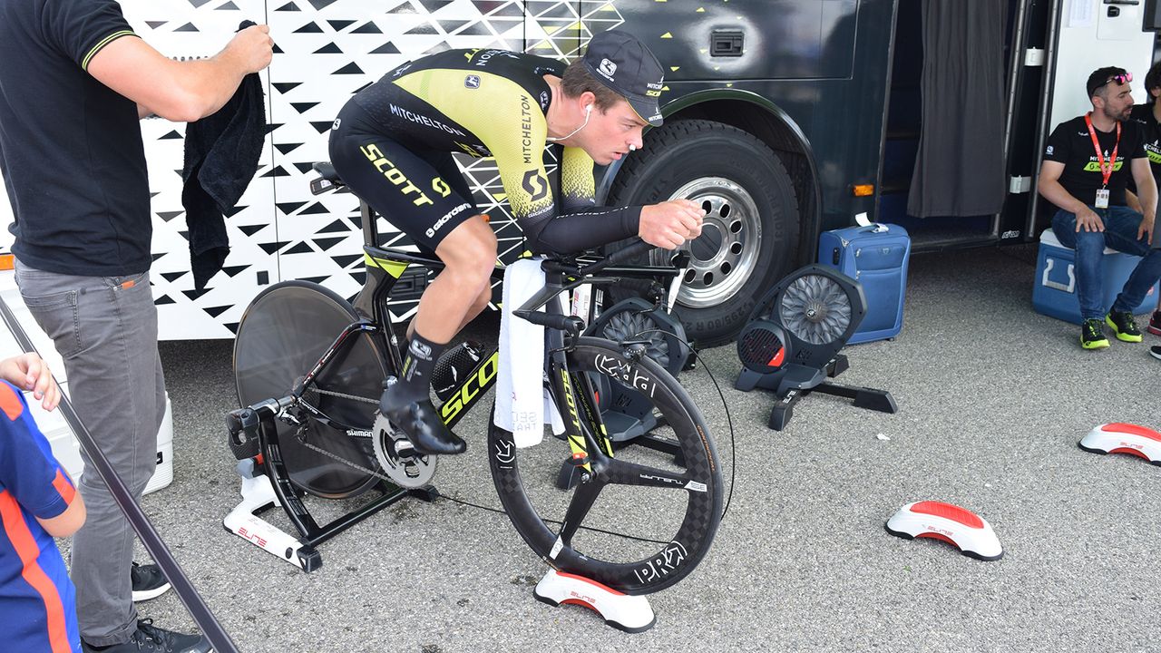 Alex Edmonson of Mitchelton-Scott was one of the first riders off