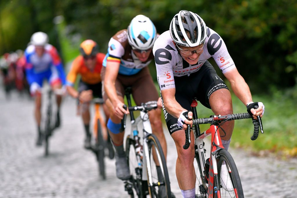 GERAARDSBERGEN BELGIUM OCTOBER 03 Soren Kragh Andersen of Denmark and Team Sunweb Oliver Naesen of Belgium and Team Ag2R La Mondiale Breakaway during the 16th BinckBank Tour 2020 Stage 5 a 1836km stage from Ottignies Louvain la Neuve to Muur van Geraardsbergen 108m BinckBankTour BinckBankTour on October 03 2020 in Geraardsbergen Belgium Photo by Luc ClaessenGetty Images