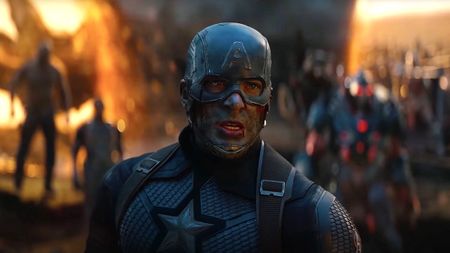 Chris Evans' Captain America in front of portals in Avengers: Endgame