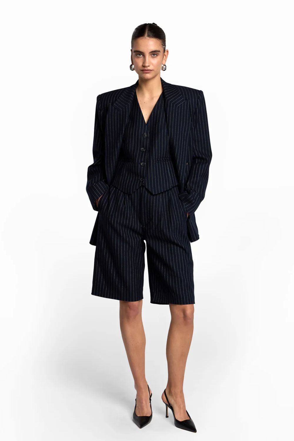 De Savary Navy Pinstripe Bermuda Shorts