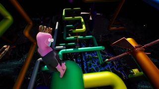 A pink man climbs around the Pipes screensaver.