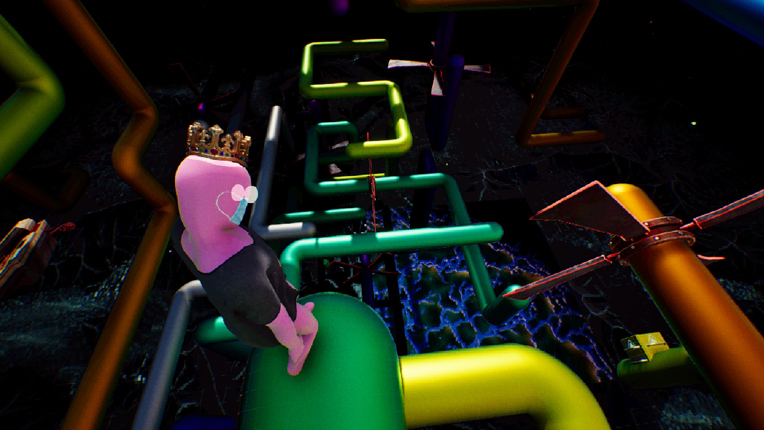 A pink man climbs around the Pipes screensaver.
