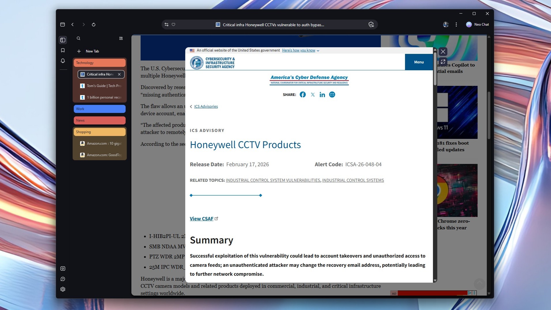 A screenshot showing how Norton Neo's Link Peek feature can be used to quickly preview websites in an overlay on top of the current page you're visiting
