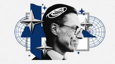 Photo composite of Finnish president Alexander Stubb, NATO compass roses and Finnish flag colours