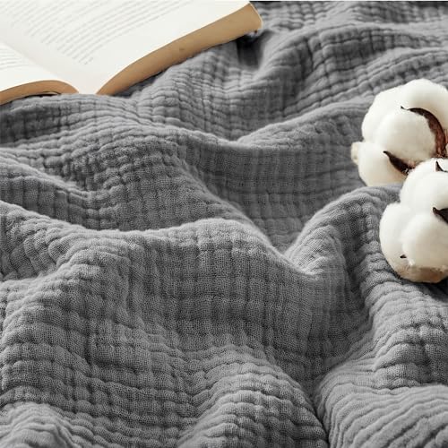 Bedsure 100% Cotton Muslin Throw Blanket - Soft Cozy Muslin Gauze Summer Cooling Blanket, 4-Layer Breathable and Lightweight Throws for Sofas Couch Decor, Grey, 130x150 Cm