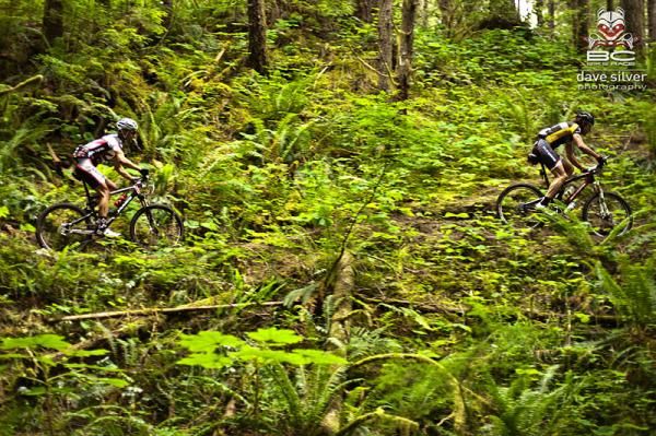 Chris Sheppard leads Jason Sager at the BC Bike Race