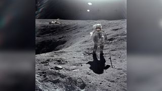 At the Descartes landing site during the Apollo 16 mission's first EVA, astronaut Charles M. Duke Jr., lunar module pilot, collects lunar samples at Station No. 1