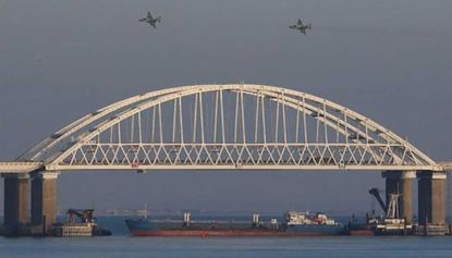 A moored Russian tanker blockading the Kerch Strait