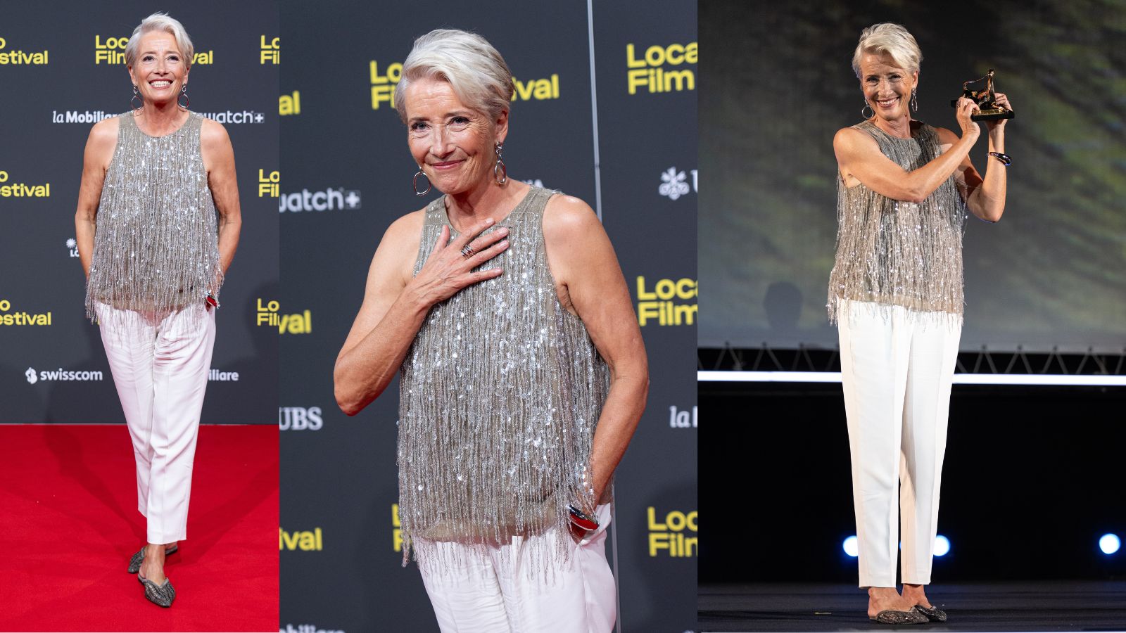 Emma Thomson in a silver tasselled top and white trousers