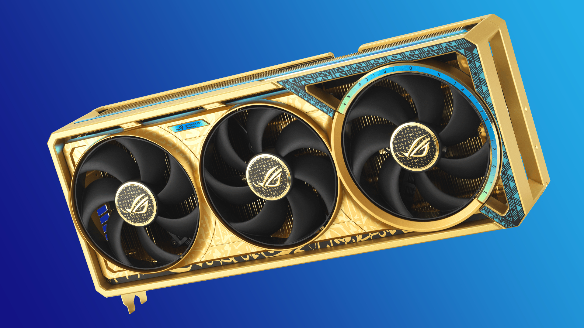 The Asus ROG Astral RTX 5080 Dhabab Core graphics card on a blue gradient background