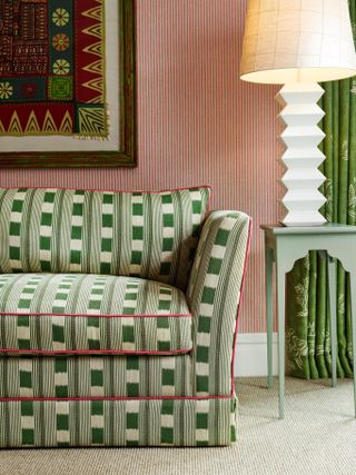 Green gingham-style seat designed by Kit Kemp