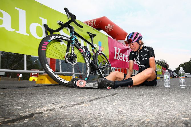 Ella Harris of the New Zealand National Team realises that she&rsquo;s taken her first professional victory on stage 2 of the 2020 Women&rsquo;s Herald Sun Tour at Falls Creek