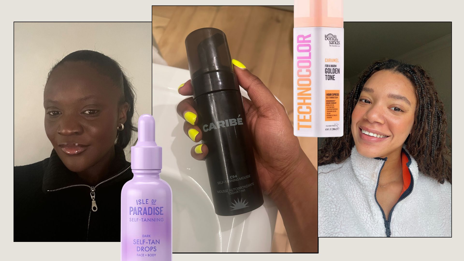 A collage with Who What Wear UK editors testing the best fake tans for dark skin
