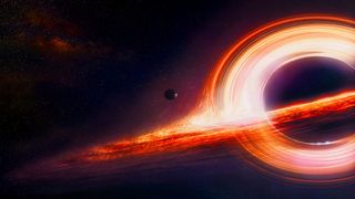 An illustration of a black hole and its event horizon.