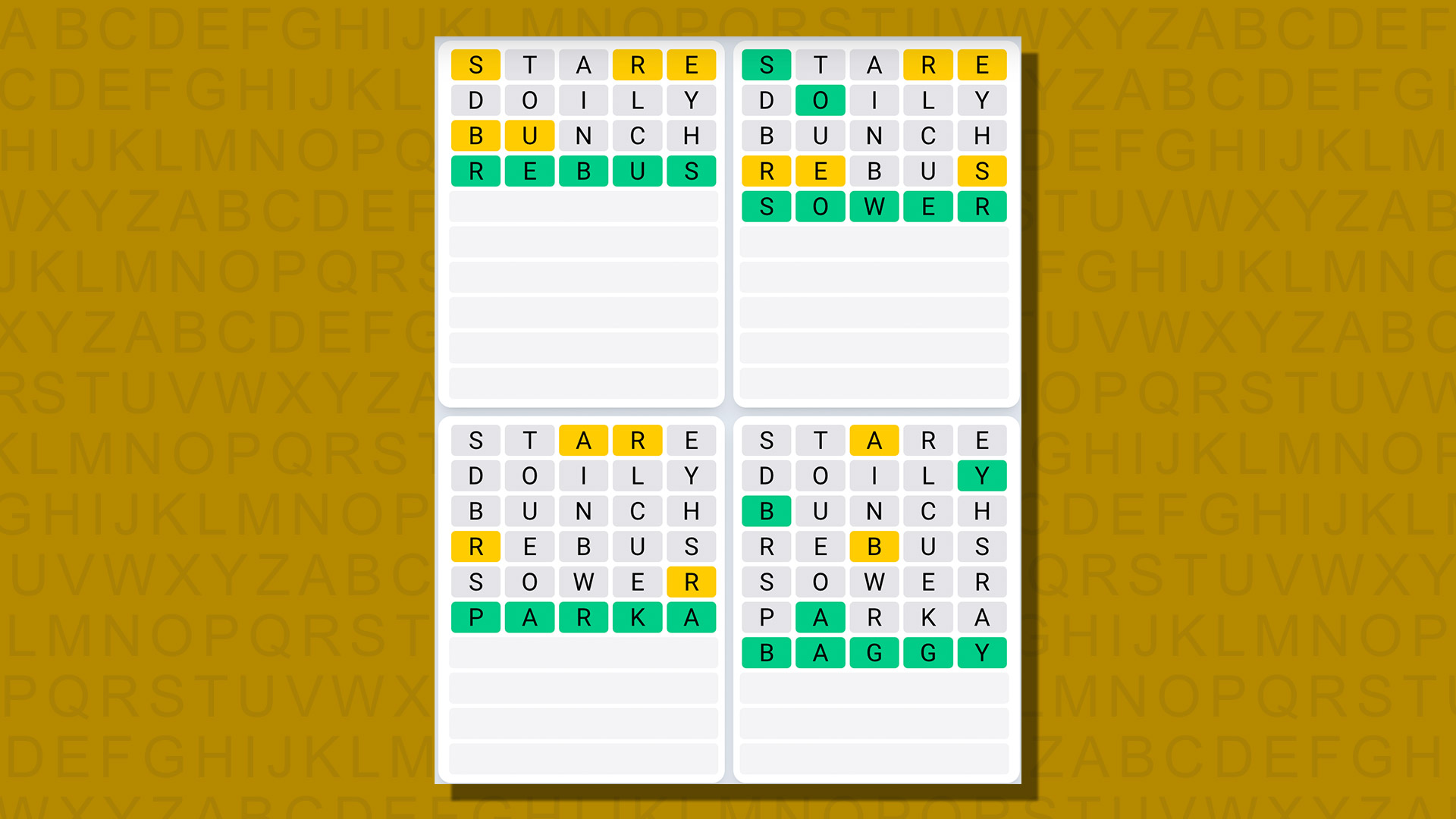 Ежедневная последовательность ответов Quordle для игры 716 на желтом фоне