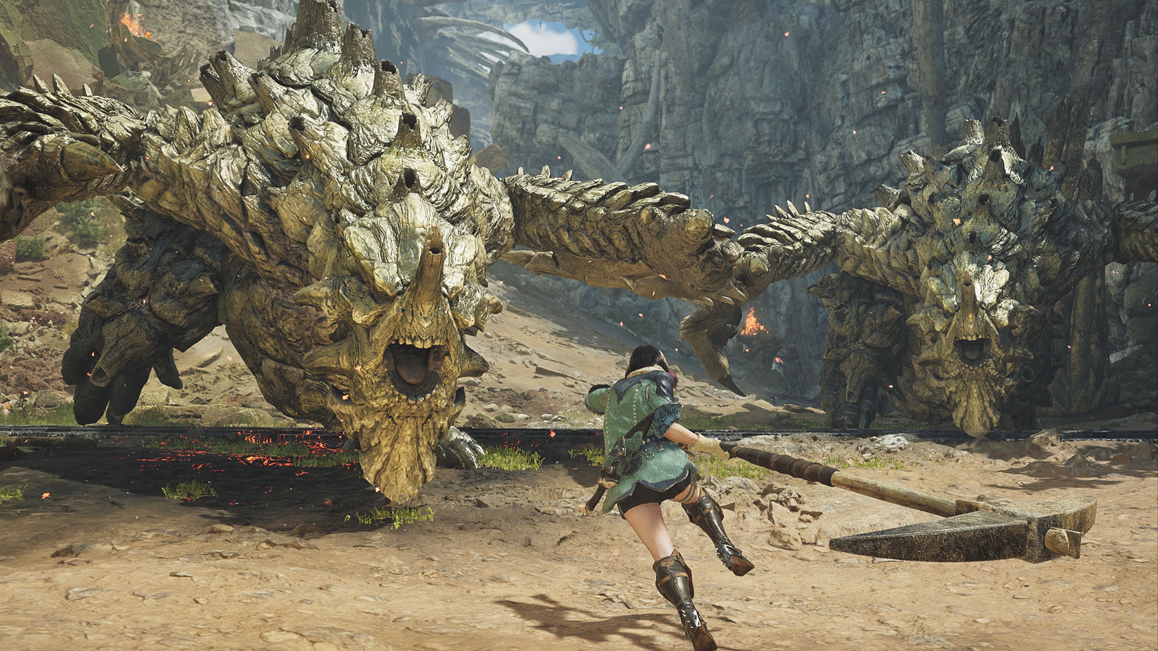 Promotional screenshot of a player hunting Gravios with a pick-axe.