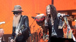 Billy Gibbons and Steven Tyler onstage at the Peter Green Tribute Show