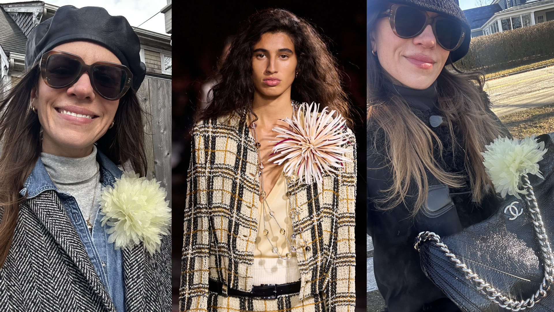Julia Gall wearing a floral brooch inspired by Chanel Spring 2026; a floral brooch on the Chanel Spring 2026 runway