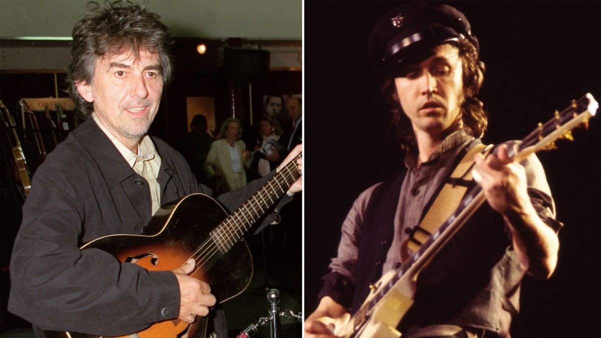 LEFT: George Harrison and (off camera) Eric Clapton play some of the guitars on offer at Christie&#039;s Auction on June 24 at Christie&#039;s. The auction is to raise money for the Crossroad&#039;s Centre in Antigua, a foundation that treats alcoholics and drug abusers in the Caribbean, June 03, 1999 in New York.; RIGHT: American musician Mike Campbell, of the group Tom Petty and the Heartbreakers, plays guitar as he performs onstage during the &#039;Long After Dark&#039; tour at Nassau Coliseum, Uniondale, New York, March 31, 1983. (Photo by Gary Gershoff/Getty Images)