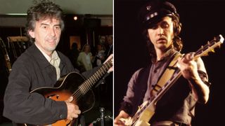 LEFT: George Harrison and (off camera) Eric Clapton play some of the guitars on offer at Christie's Auction on June 24 at Christie's. The auction is to raise money for the Crossroad's Centre in Antigua, a foundation that treats alcoholics and drug abusers in the Caribbean, June 03, 1999 in New York.; RIGHT: American musician Mike Campbell, of the group Tom Petty and the Heartbreakers, plays guitar as he performs onstage during the 'Long After Dark' tour at Nassau Coliseum, Uniondale, New York, March 31, 1983. (Photo by Gary Gershoff/Getty Images)