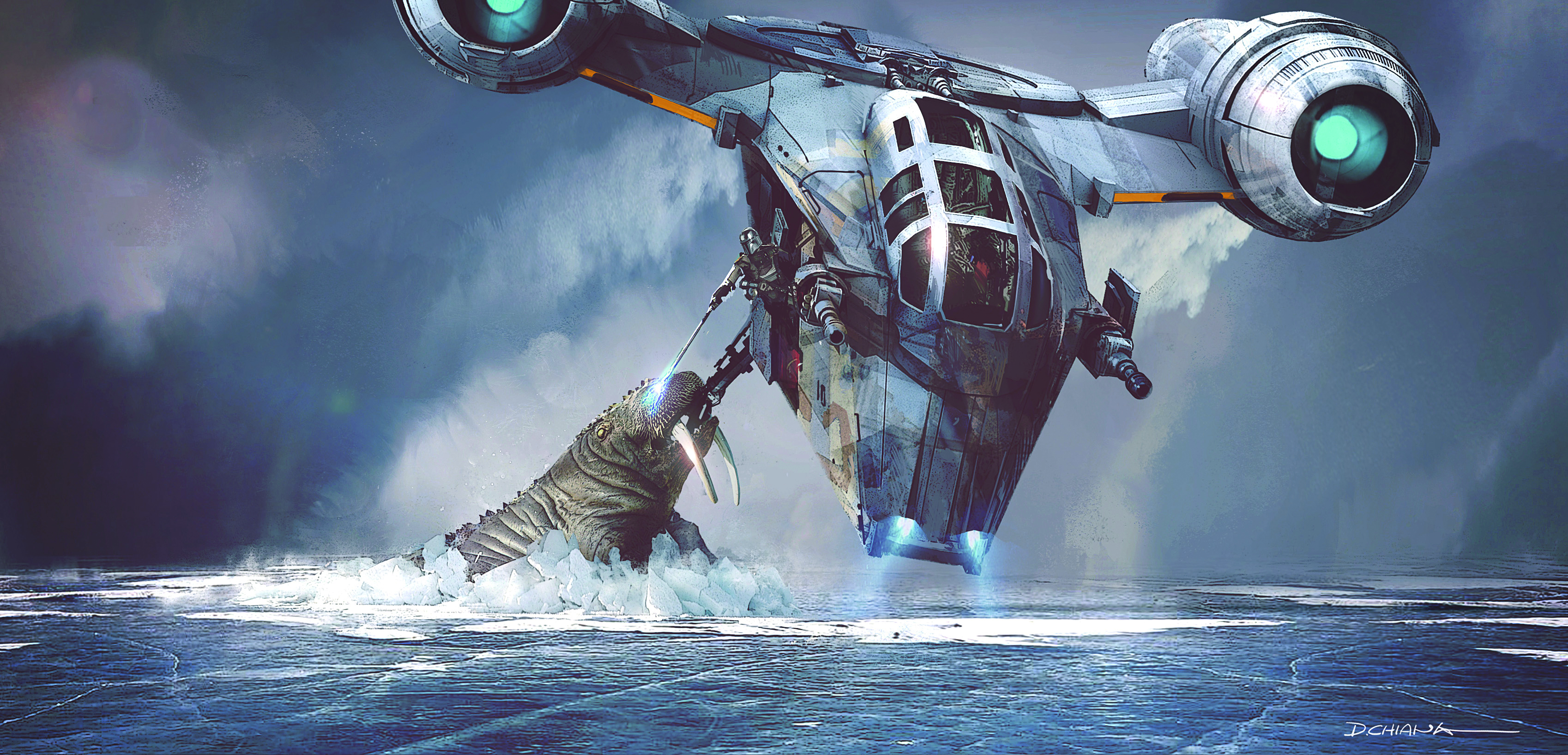 Una nave espacial vuela sobre hielo y nieve.