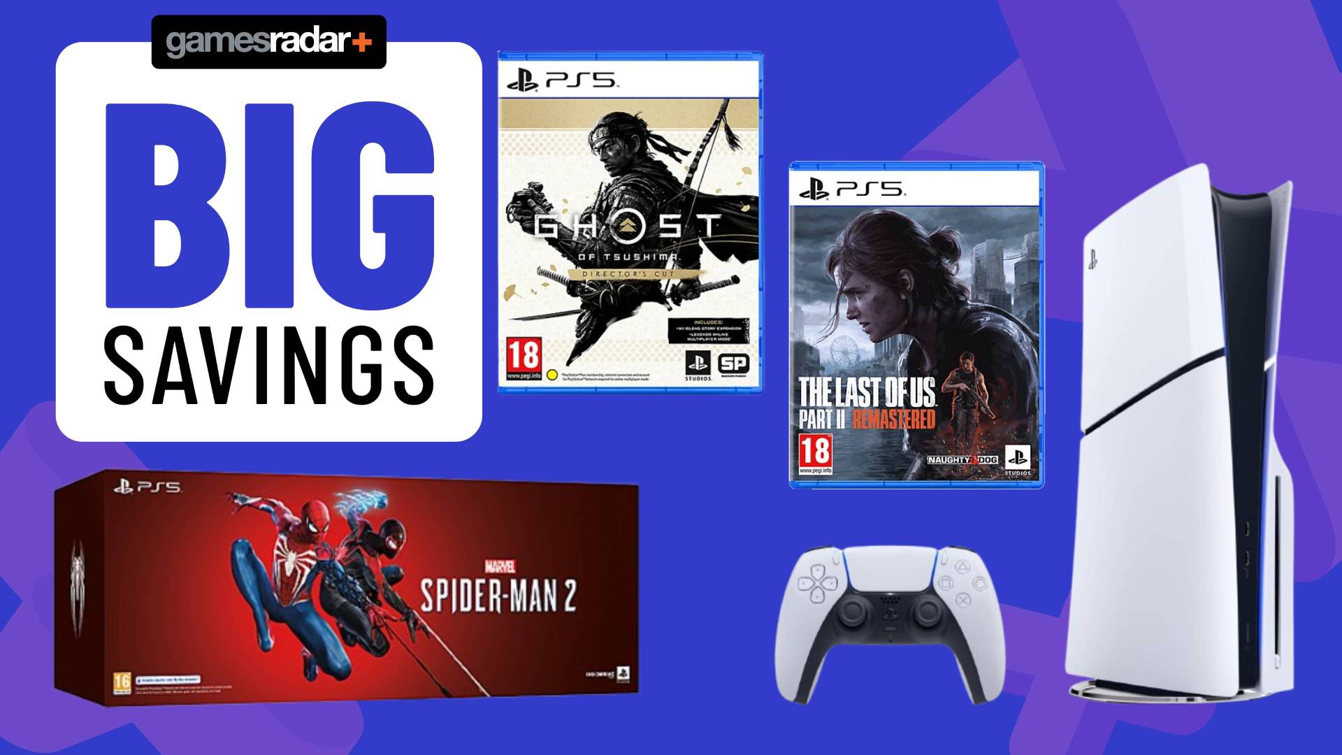 Official product images of the PS5 Slim and some PS5 boxed games, sitting on a blue GamesRadar+ background.