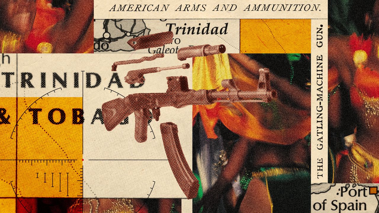 Photo collage of an exploded view of an AK-47 on a background of fragments of a map of Trinidad and Tobago, photos from Carnival, and American arms diagrams