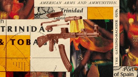 Photo collage of an exploded view of an AK-47 on a background of fragments of a map of Trinidad and Tobago, photos from Carnival, and American arms diagrams