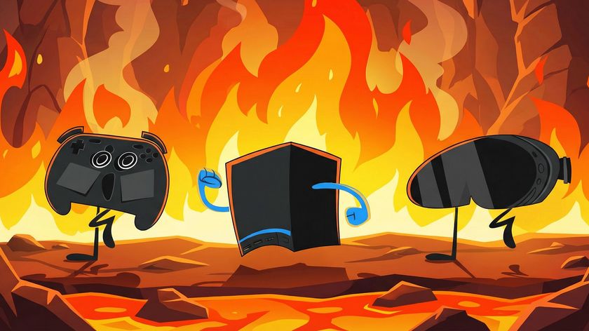 Valve Steam Controller, Steam Machine, and Steam Frame depicted as cartoons walking through a firey cave.