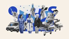 Photo composite illustration of NHS doctors, nurses, ambulances, beds, vaccines and drugs