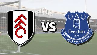 The Fulham and Everton club badges on top of a photo of Craven Cottage in London, England