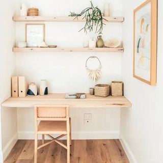 Home office with natural wood desk