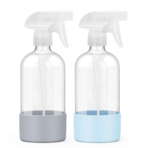 Worldgsb 2 Pack Glass Spray Bottles With Silicone Sleeve, 16 Oz Empty Refillable Containers With Adjustable Spray Nozzles, Spray Bottles for Hair, Cleaning Solutions and Plants Blue&amp;amp;grey