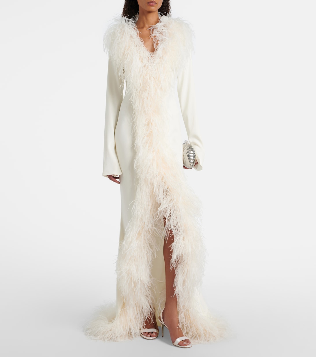 Bridal Hollywood Feather-Trimmed Gown in White - Taller Marmo