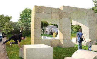 Rendering of a Serpentine Pavilion design by Kunlé Adeyemi with stone walls and blocks on the ground
