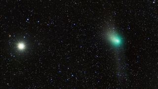 A long-exposure photograph of comet C/2022 E3 (ZTF) taken from Jackson, Wisconsin on Feb. 5, 2023.