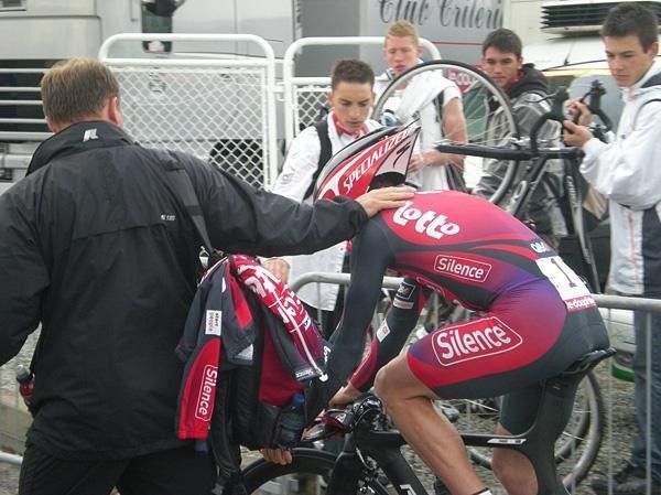 Cadel Evans took no risks on the slippery descent.