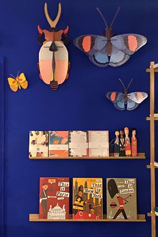 how to design a kid's room A wall display featuring books and butterfly and insect models against a blue wall