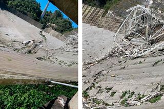A close-up of the damage from the Arecibo Observatory telescope collapse on Dec. 1, 2020.