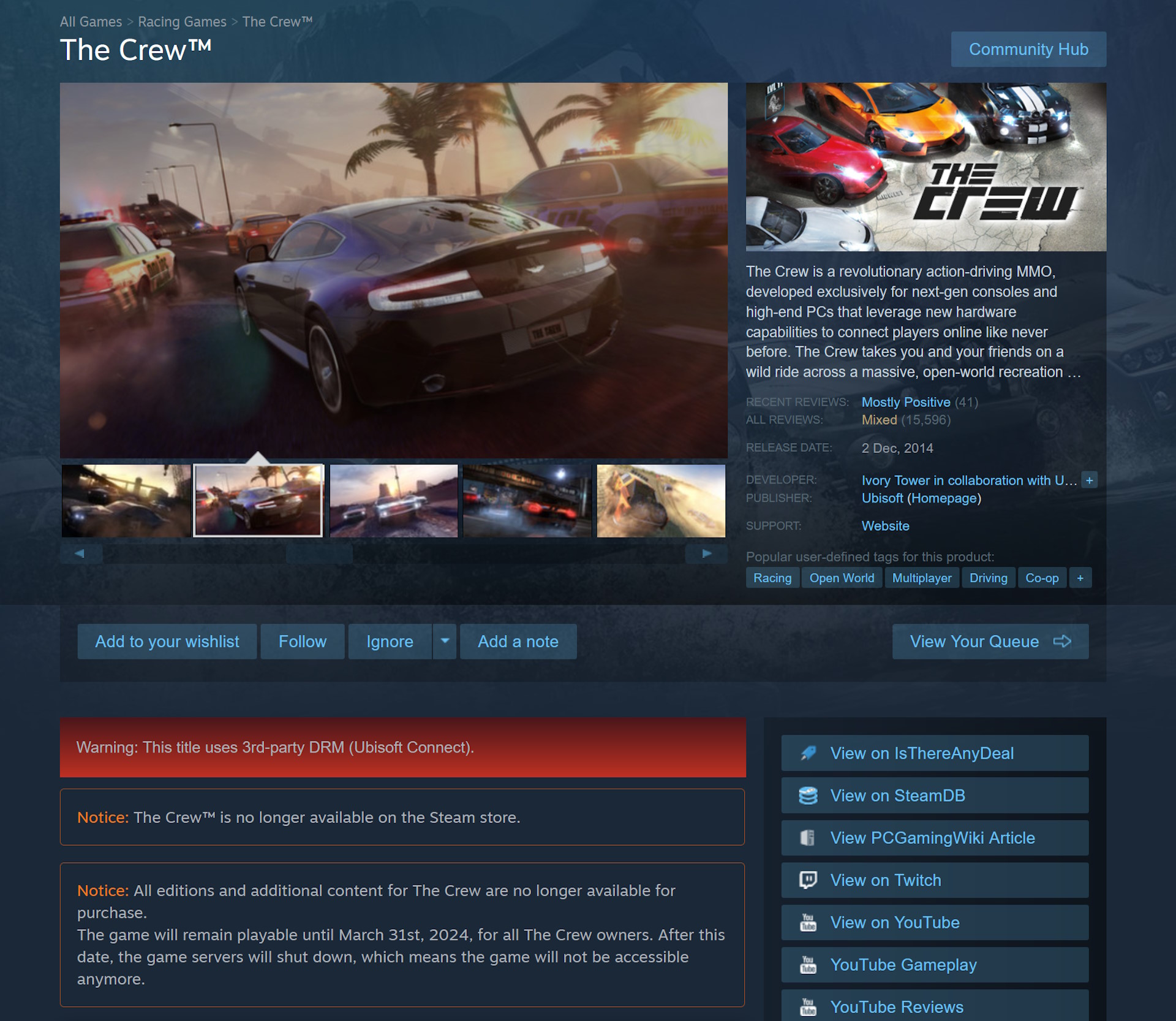 The Crew Steam page showing it's no longer available for sale