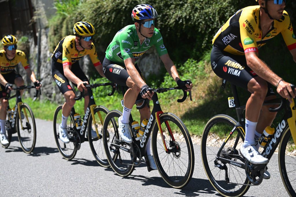 PLATEAU DE SALAISON FRANCE JUNE 12 Wout Van Aert of Belgium and Team Jumbo Visma Green Points Jersey competes during the 74th Criterium du Dauphine 2022 Stage 8 a 1388km stage from SaintAlbanLeysse to Plateau de Salaison 1495m WorldTour Dauphin on June 12 2022 in Plateau de Salaison France Photo by Dario BelingheriGetty Images