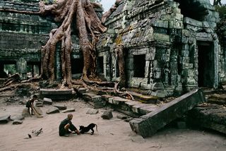 ’Caretaker and Dog at Ta Prohm temple’, Angkor, Cambodia, by Steve McCurry, 1999. A man playing with a dog in front of an old temple which has a tree growing over it.