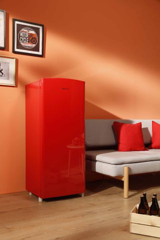 a bright red fridge in a vibrant living room with a grey sofa and wooden floor