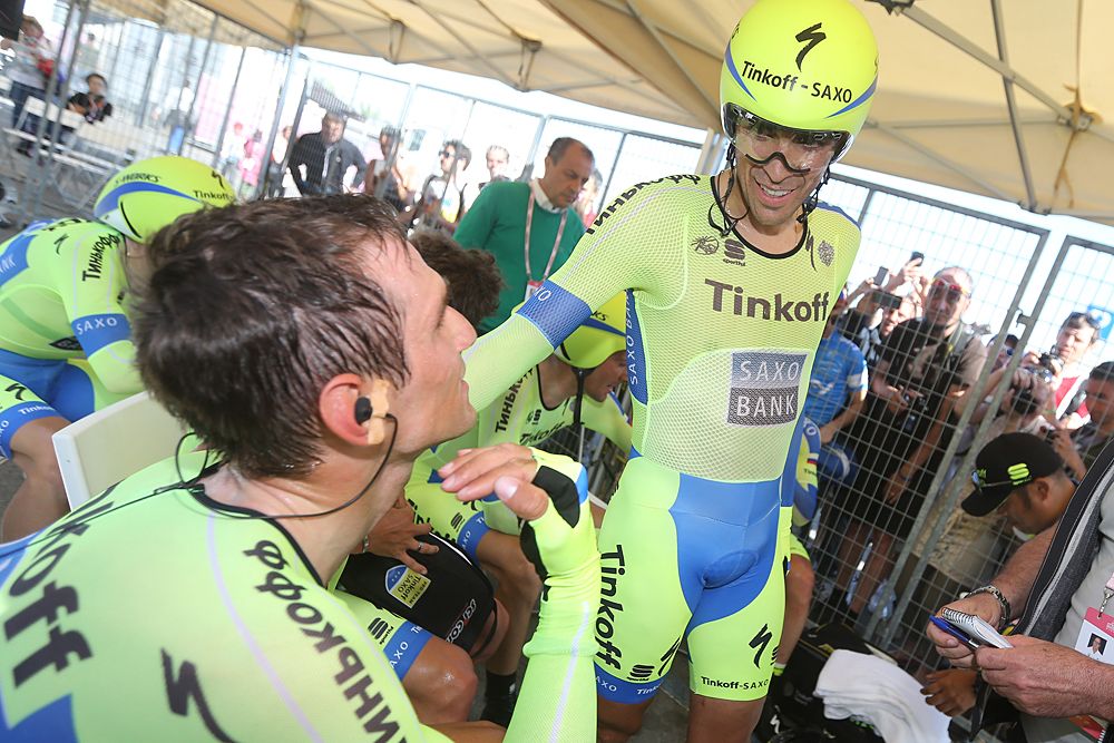 Alberto Contador celebrates with his Tinkoff-Saxo teammates