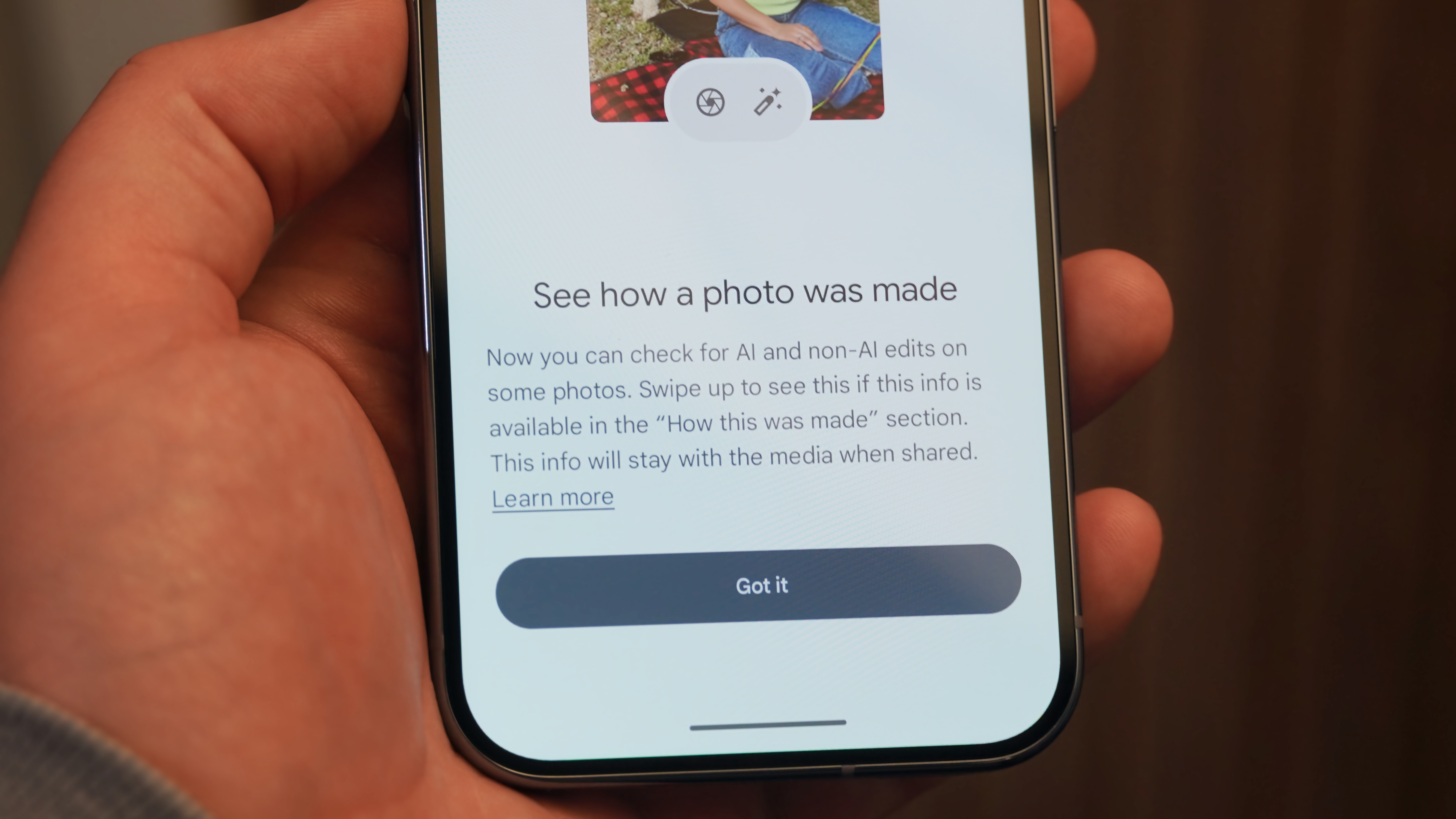 C2PA content credentials in the Ask Photos feature in Google Photos on a Pixel 10 Pro.