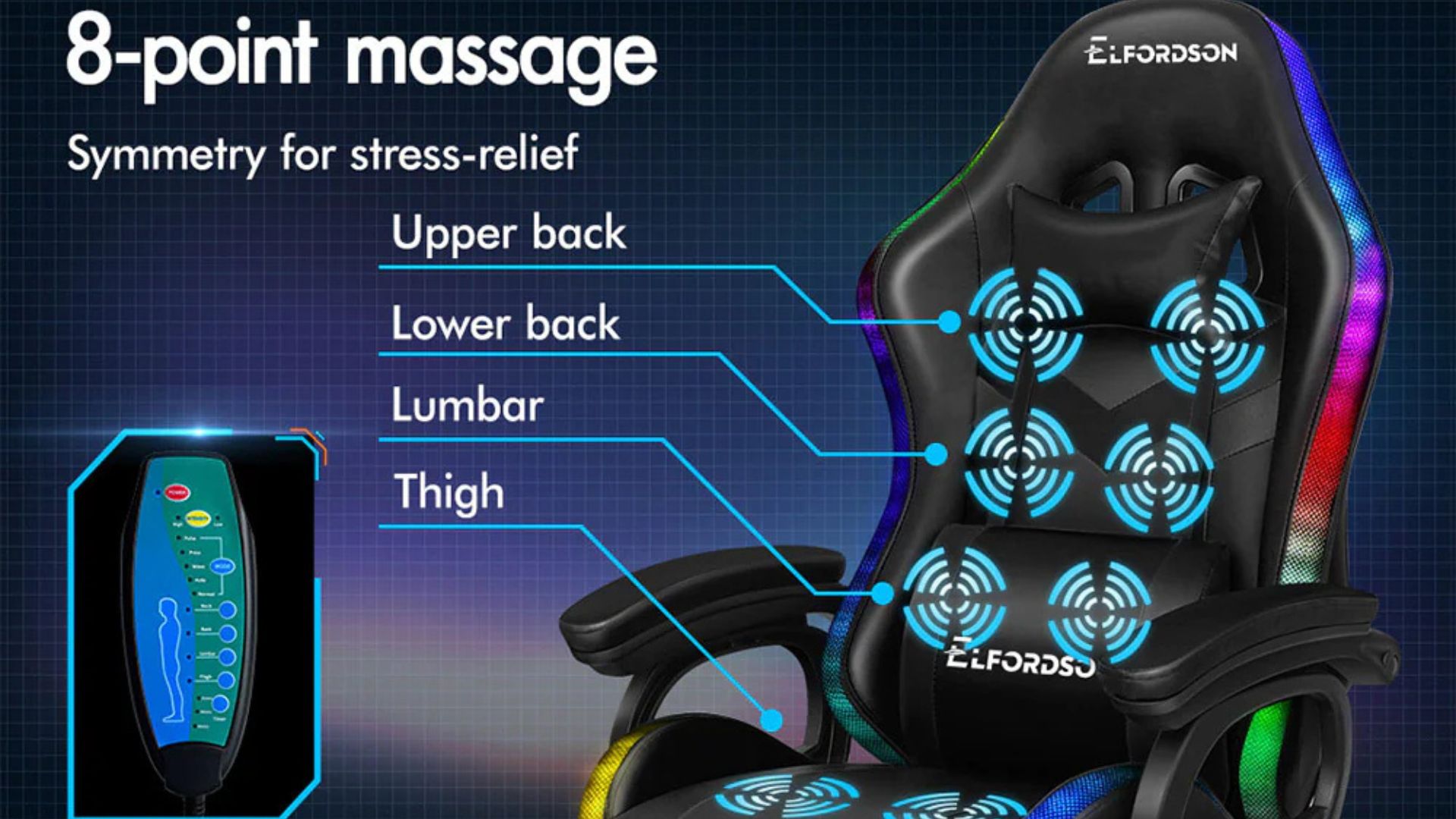 A marketing image of one of Elfordson's RGB massaging gaming chairs
