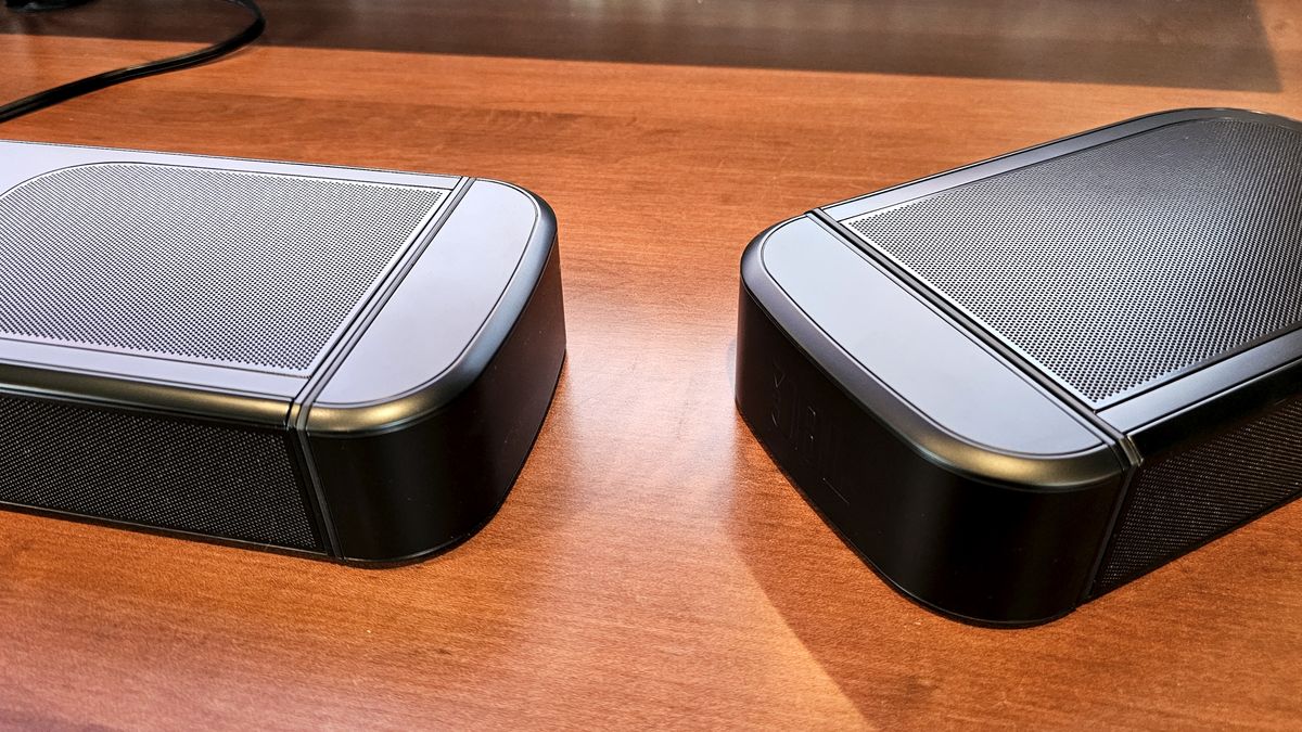 JBL Bar 1000MK2 gallery showing ports and surround speaker docking and power options
