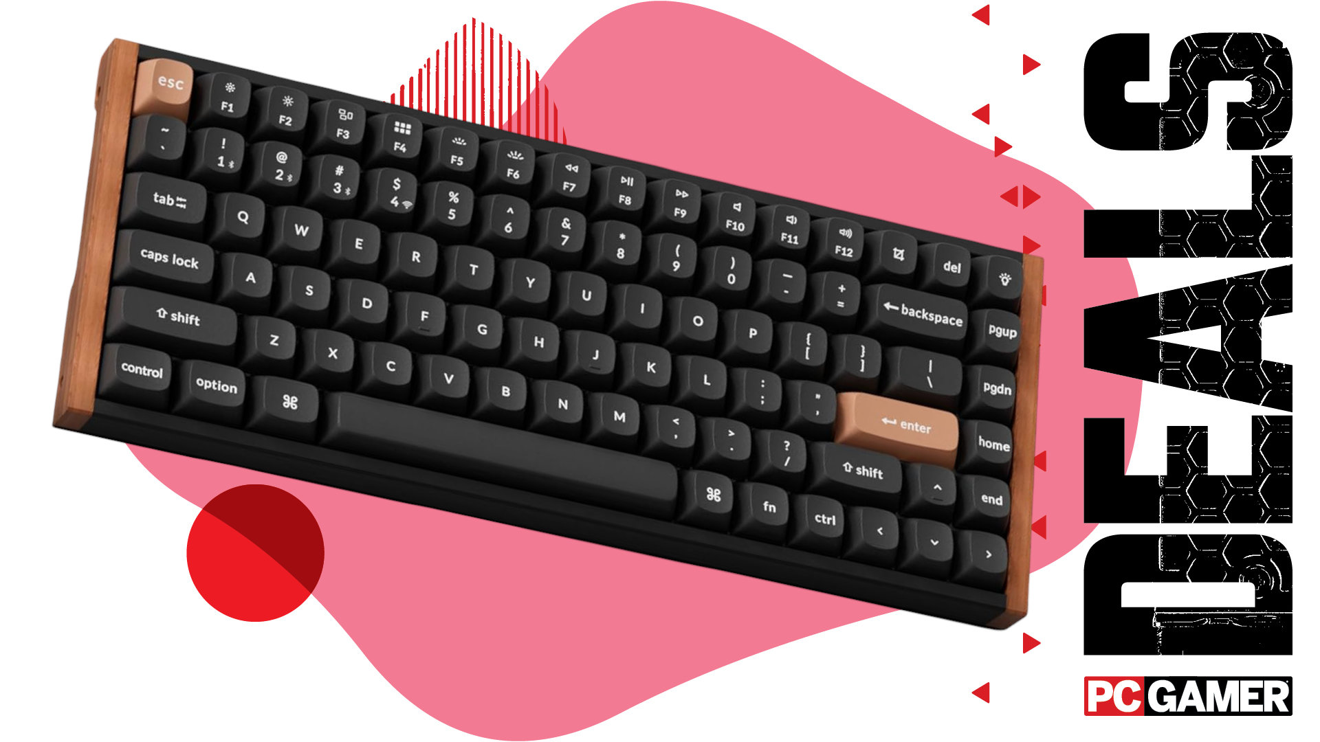 An image of a Keychron K2 HE wireless keyboard against a colorful background, with the phrase 'Deals' on the right side, above a PC Gamer logo
